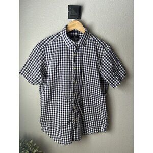 Hart Schaffner Marx Button Up Short Sleeve Navy Blue Gingham Shirt Size Large